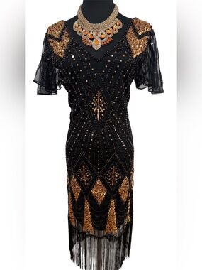 Black and Gold Sequin Midi Dress with Fringe